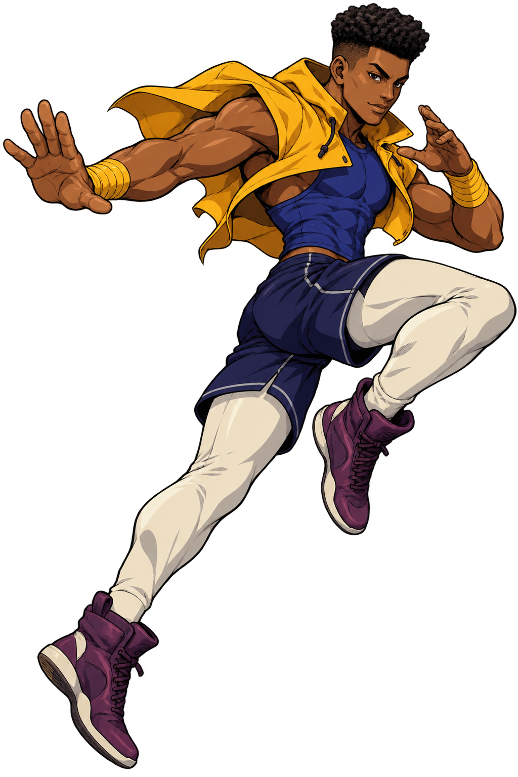 Caio Venn in an airborne parkour fighting pose.