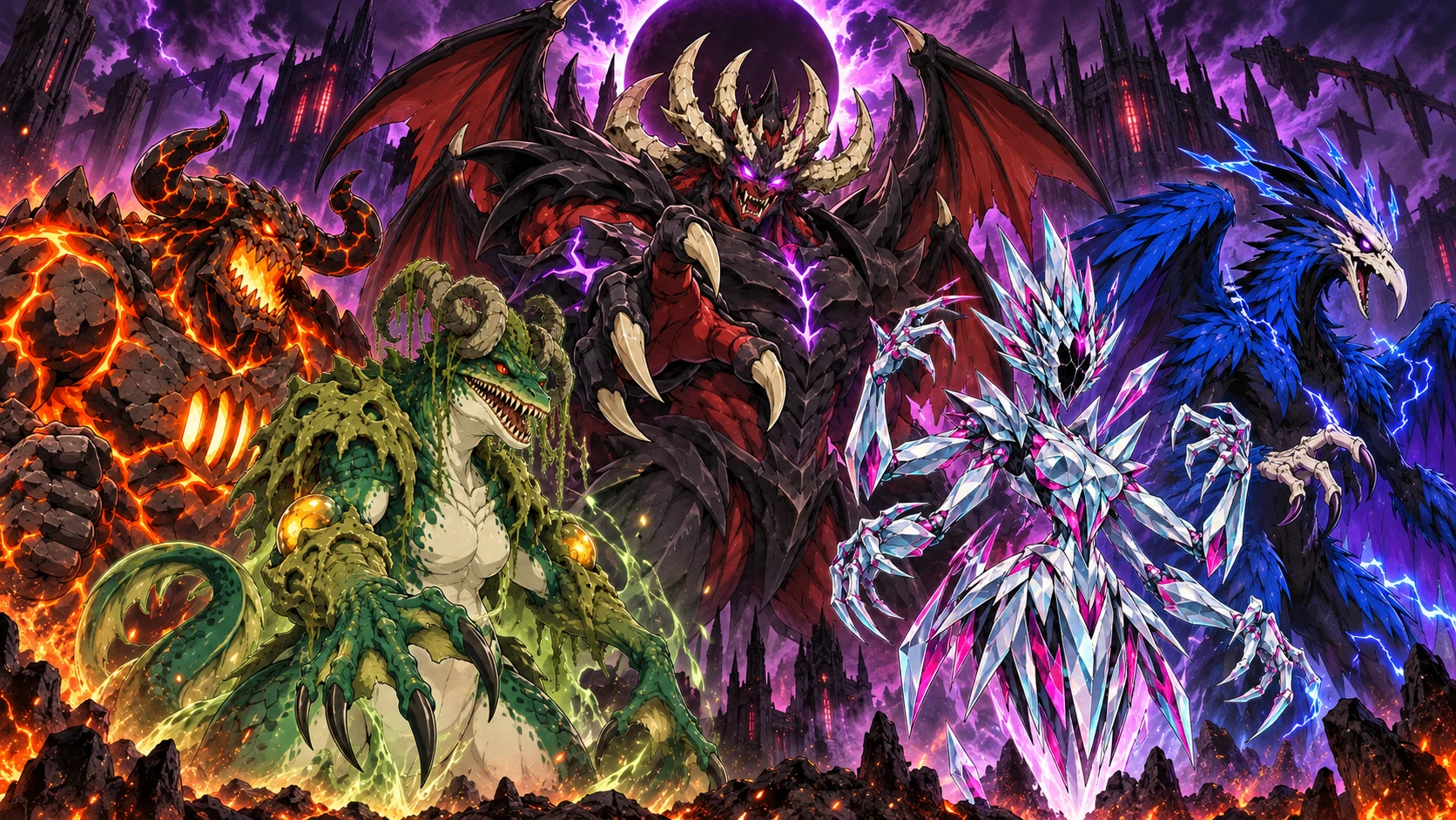 Five monstrous demon lords gather beneath ominous supernatural light.