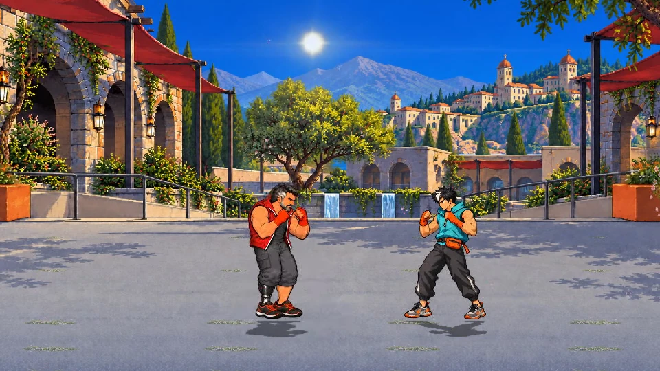 Elias and Ren on Secondwind Courtyard in bright daylight, with sunlight on the buildings and moving character shadows.