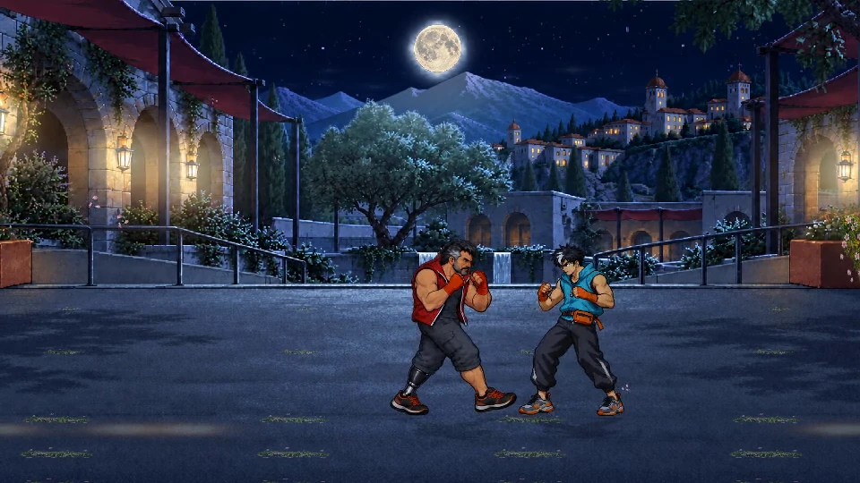 The same courtyard illuminated by moonlight and warm stage lamps at night.