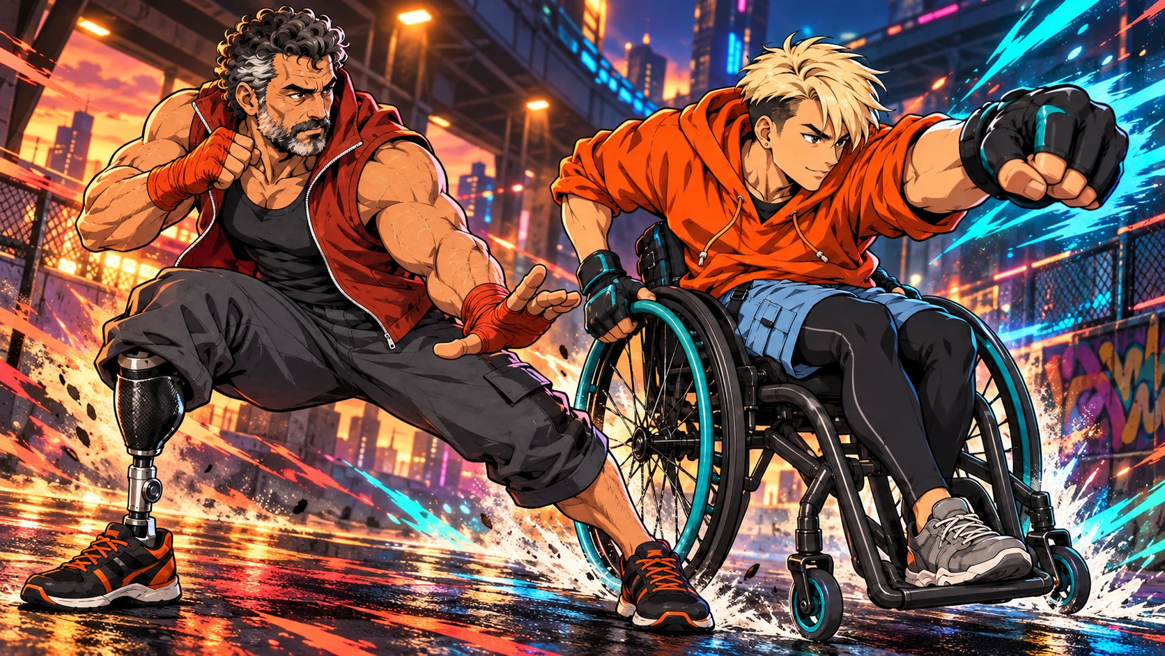 A fighter with a prosthetic leg and a wheelchair fighter strike action poses in a vivid city street.